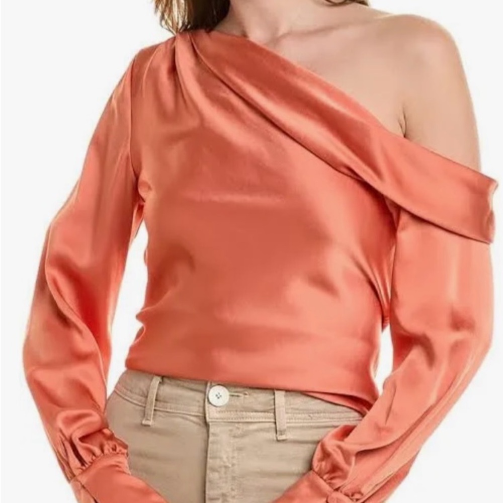 SIMKHAI Jonathan Simkhai Alice One-Shoulder Satin Blouse in Coral